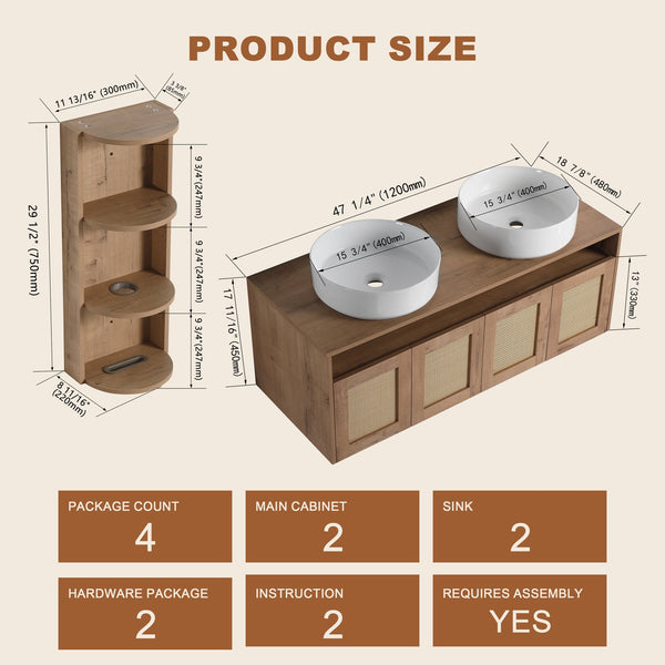 English Elm 48" Floating Bathroom Vanity Dual Ceramic Vessel Sinks Oak Finish Soft Close Doors W999S00504