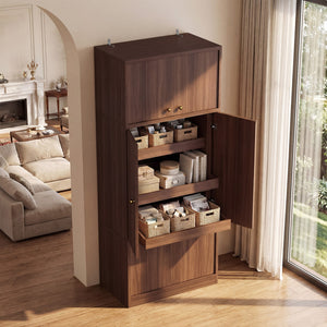 English Elm Tall Freestanding Pantry Cabinet E1 Wood Walnut Finish Adjustable Shelves Kitchen Storage B2764S00005