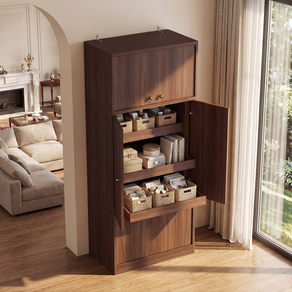 English Elm Tall Freestanding Pantry Cabinet E1 Wood Walnut Finish Adjustable Shelves Kitchen Storage B2764S00005