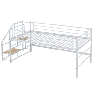 English Elm Mid Mid Loft Bed with Storage Stairs Twin Safety Ladder Low 26.6" Slats Sturdy Metal Frame White MF323325AAK