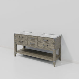 English Elm Grey Oak Double Bath Vanity 60" W With Elegant Carrara Marble Top, Soft-Close Drawers & Storage Solutions B2731P260264