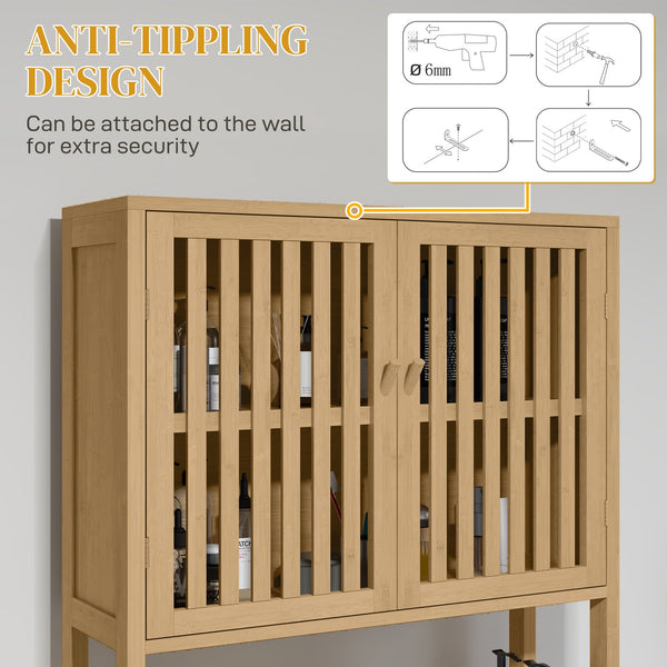 English Elm HOMCOM Bamboo Floor Cabinet Bathroom Organizer Tower with Shelved Storage, Slatted Doors & Elevated Base Natural Wood W2225P217003