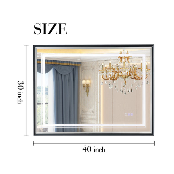 English Elm 40*30inch LED Bathroom Mirror with Beveled Edge, Front & Backlit 3-Color Dimmable IP54 Anti-Fog Grey W2091P214096