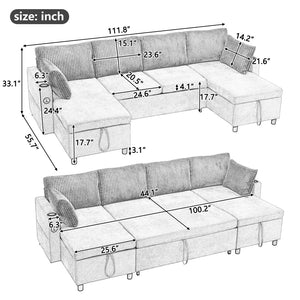 English Elm 111.8" Sectional Sofa Pull-Out Sofa Bed Versatile Sofa Sleeper With Large Storage Space, Two Usb Ports and Two Cup Holders For Living Room, Beige