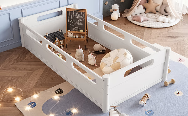 English Elm Twin Low Profile Floor Bed with Guardrails Pine Wood Frame Minimalist Bedroom White W1580P438763