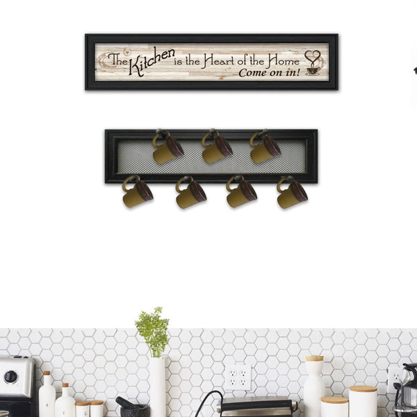 English Elm "the Kitchen Vignette" Typographic Mug Rack Wall Art Black Framed Wooden 7-peg Set B06787061