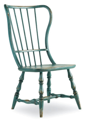 Hooker Furniture Sanctuary Spindle Side Chair In Sky High Azure Blue — European Farmhouse Charm, Solid Wood Seat, Distressed Vintage Patina 5405-75310