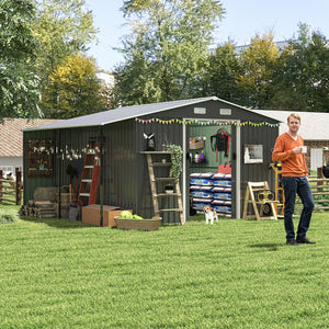English Elm 10x12 Ft Galvanized Steel Outdoor Shed Dual Zone Lockable Sliding Doors Backyard Storage Dark Gray W1598S00034