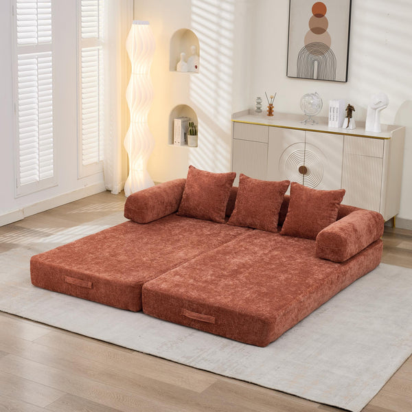 English Elm Comfy Chenille Folding Floor Sofa Bed with Armrest for Studio and Guest Rooms Orange W1143P401141