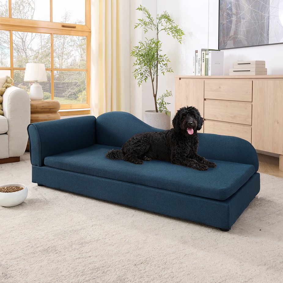 English Elm Oversized Pet Sofa with Wave Backrest Rubberwood Frame Linen Upholstery for Large Dogs W487P430332