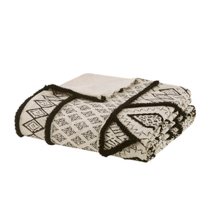 English Elm Full/Queen Marta 3-Piece Cotton Flax Duvet Cover Set with Black Diamond Print & Chenille Trim, Boho Chic B03596485