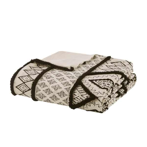 English Elm Full/Queen Marta 3-Piece Cotton Flax Duvet Cover Set with Black Diamond Print & Chenille Trim, Boho Chic B03596485