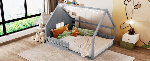 English Elm Full House Bed Frame with Window & Fence Playhouse Design, Sturdy Pine/MDF, Safe 400lb Capacity Gray N709P215545E