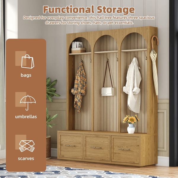English Elm Farmhouse Hall Tree with Triple Arch Back Panel Eight Hooks Drawers and Entryway Bench N721S000071L