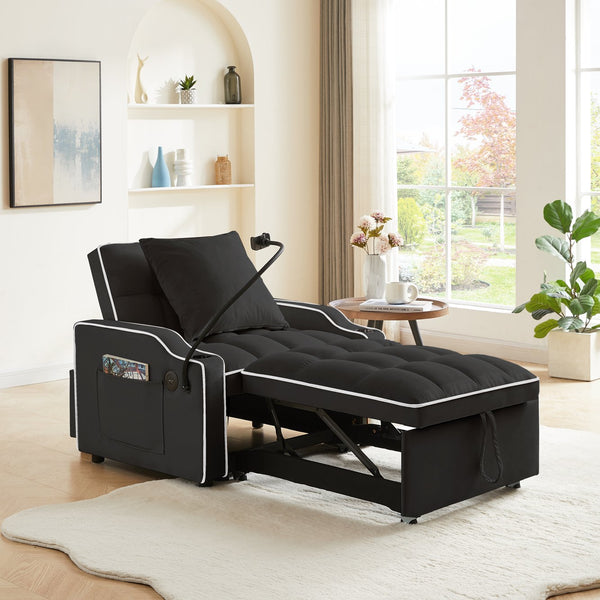 English Elm 3-in-1 Convertible Sofa Bed with USB & Type-C Ports, Cup Holders, Adjustable Backrest for Small Spaces Black W2151142231