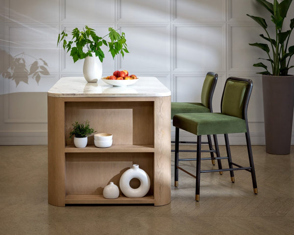 Sunpan ROMILLY Kitchen Island with White Marble Top - Elegant 62" Oak Base & Smart Storage Solution 112362