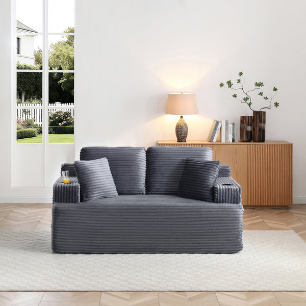 English Elm Boneless Floor Sofa Corduroy Upholstered 5 Seat Low Profile with Cup Holders for Living Room Grey W1117S00436