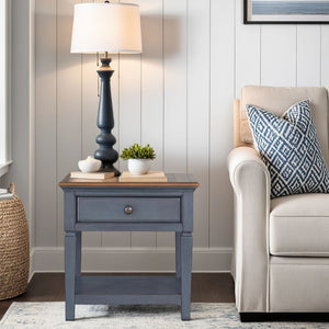 English Elm 24 inch End Table Corduroy Blue Distressed Coastal Accent with Drawer & Shelf, Antique Pewter Hardware B108P193074