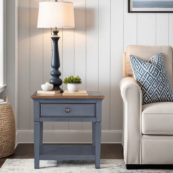 English Elm 24 inch End Table Corduroy Blue Distressed Coastal Accent with Drawer & Shelf, Antique Pewter Hardware B108P193074