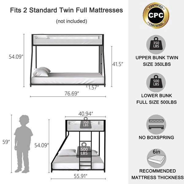 English Elm Adam Twin Over Full Metal Bunk Bed In Black – Safe, Space-Saving Design With Easy Climb Ladder & Guardrails B083P170085