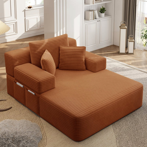 English Elm Luxurious Corduroy Convertible Chaise Lounge Sofa Bed with Storage and Coil Spring Foam Orange W3219P483088