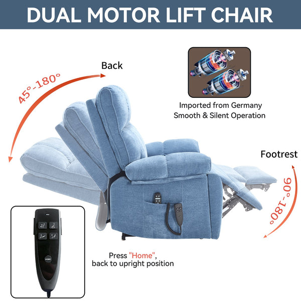English Elm Beige Chenille Power Lift Recliner Dual Motor Massage Heat 350 Lb Capacity Blue W1803P264051