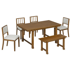 English Elm Trexm Farmhouse Dining Set Seats Six Oak Veneer Table Mixed Chairs Bench Included Beige,Walnut ST000156AAD