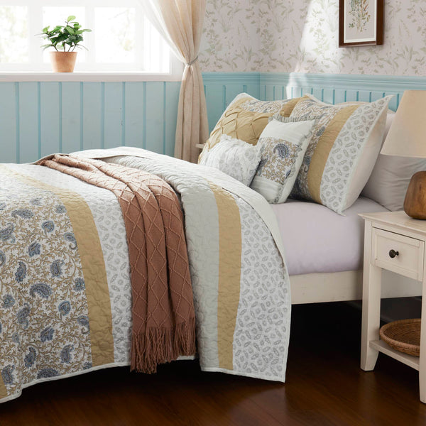English Elm 6 Madison Park Dawn Cotton Percale Reversible Quilt Set Full/Queen Paisley Pintuck Lace Taping Vintage Chic Comfort Yellow 17.72 L x 22.83 W x 7.09 H B035129026