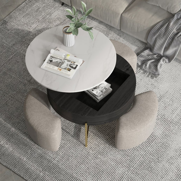 English Elm Vita Modern 31.5" Round Lift-Top Coffee Table Set with Iron Legs and Storage Shelves, Stylish Black,Light beige B341S00043
