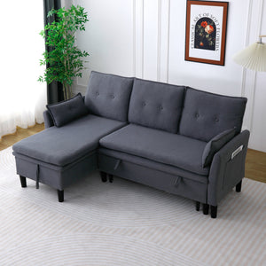 English Elm L-Shaped Reversible Chaise Sectional Sofa with Storage and Fold-Out Bed Cotton-Linen Modern Design DARK GREY W3371S00025