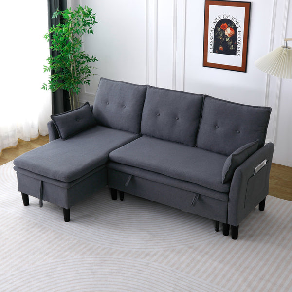English Elm L-Shaped Reversible Chaise Sectional Sofa with Storage and Fold-Out Bed Cotton-Linen Modern Design DARK GREY W3371S00025