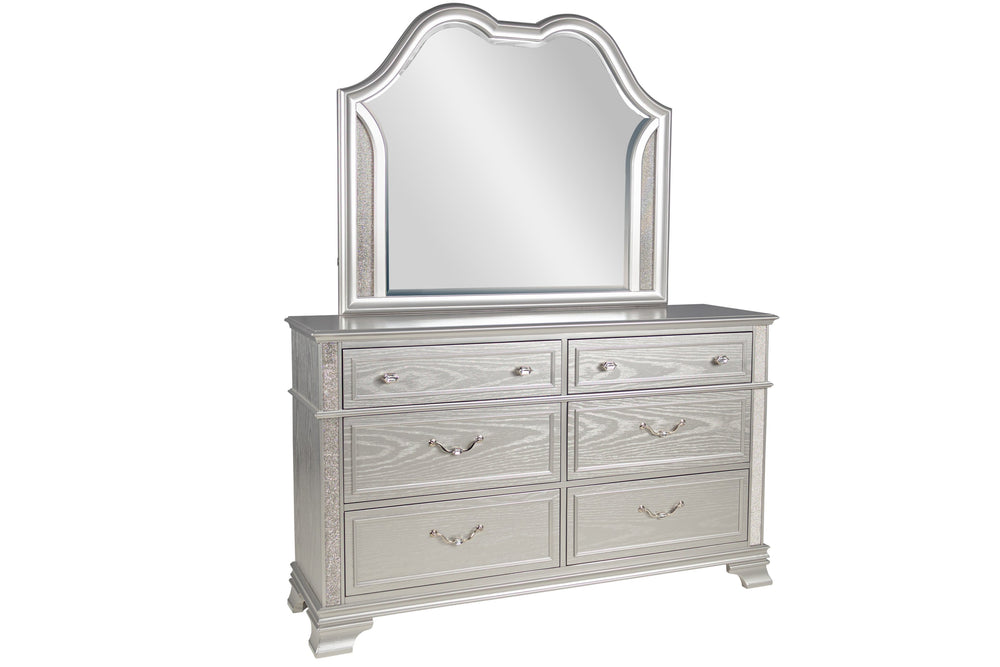 English Elm Contemporary Six Drawer Dresser with Crystal Knobs Glitter Accents and Gray Finish B011P448868