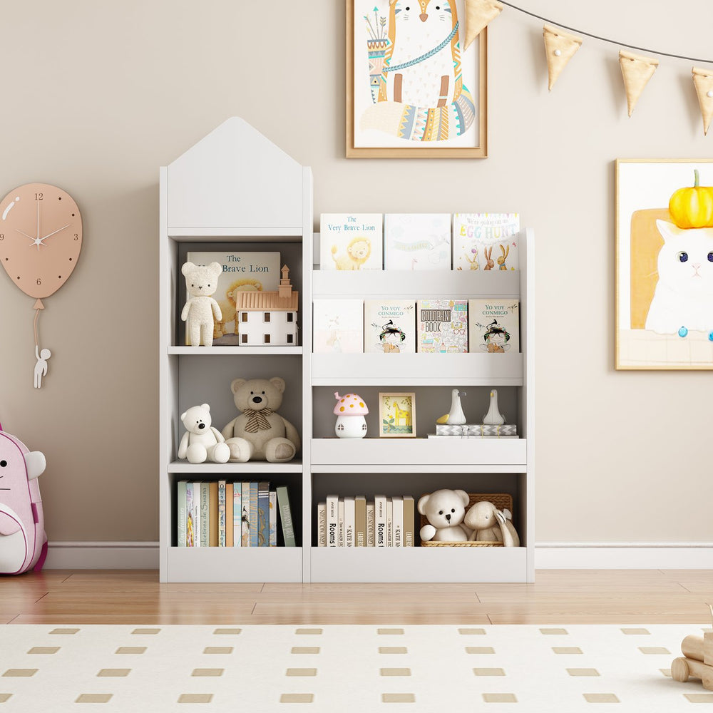 English Elm White Kids Wooden Bookshelf Toy Storage Organizer with 6 Compartments, 2 Baskets, Durable MDF, Easy Assembly W2876P233554