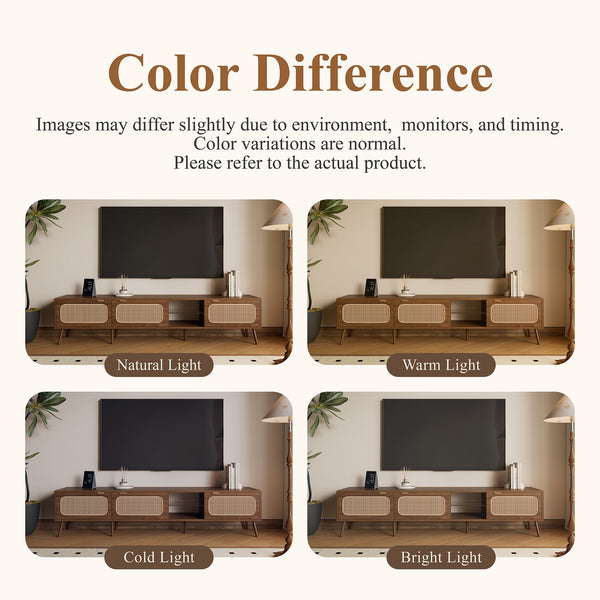 English Elm 78" Rattan TV Stand for 75-85" TVs with Glass Shelves, Solid Wood Legs, Soft-Close Doors, Walnut Finish N710P298238P