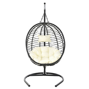 English Elm U_style Wicker Hanging Egg Chair with Stand Hdpe Cocoon Swing for Balcony Garden Black+Beige N711P389503A