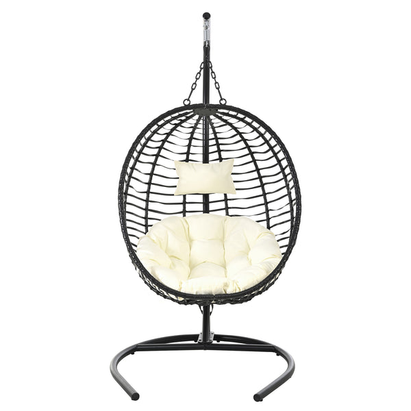 English Elm U_style Wicker Hanging Egg Chair with Stand Hdpe Cocoon Swing for Balcony Garden Black+Beige N711P389503A