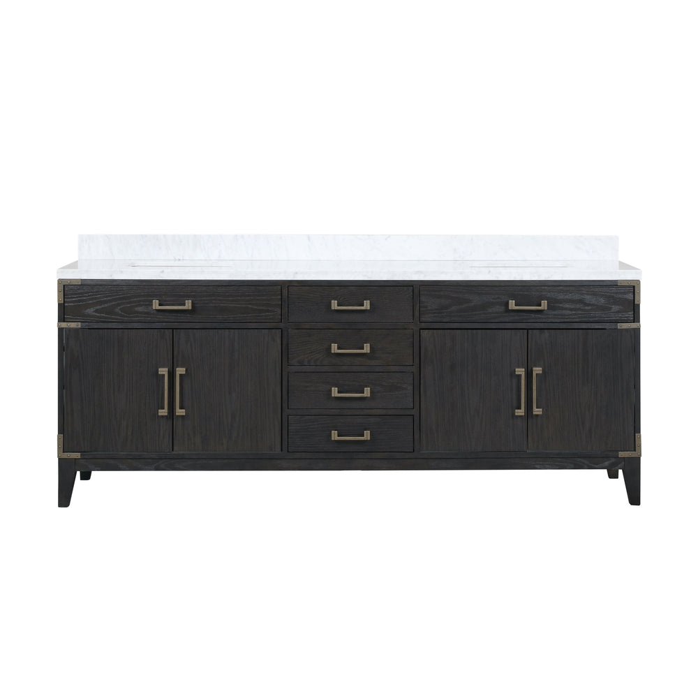 English Elm Laurel 84 in Black Oak Double Bath Vanity with Carrara Marble Top, Soft-Close Drawers & Ample Storage B2731P260974