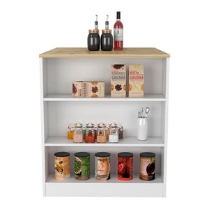 English Elm Kitchen Island Table With Two Legs And Three Open Shelves In White/Pine - Perfect For Small Spaces! B097S00133