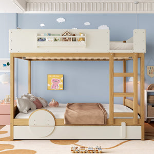 English Elm Queen Bunk Bed with Trundle Solid Pine Kids Car Themed Frame Built-in Bookshelf Natural+Beige W1580S00449