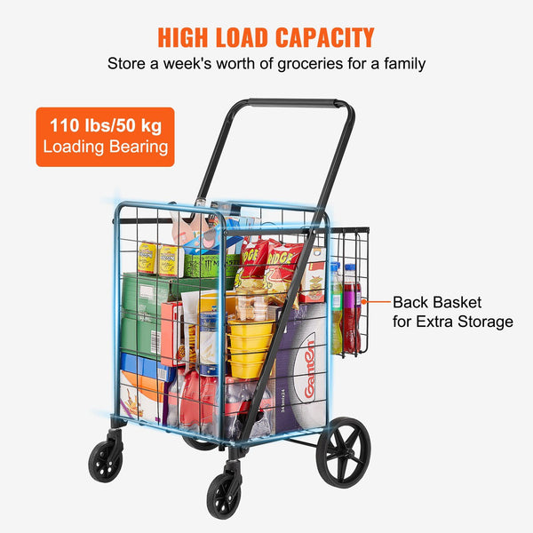 English Elm Folding Utility Cart with Dual Baskets Iron Frame 110 Lb Capacity Swivel Wheels W2181P365208