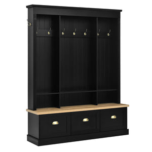 English Elm Farmhouse Hall Tree with Triple Arch Back Panel Eight Hooks Drawers and Entryway Bench Black N721S000062B