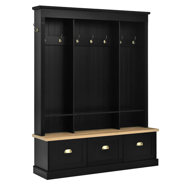 English Elm Farmhouse Hall Tree with Triple Arch Back Panel Eight Hooks Drawers and Entryway Bench Black N721S000062B