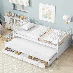 English Elm Twin Twin Size Bed with Trundle and Three Storage Drawers, Space-Saving Pine Frame with Classic Headboard White W504P197162