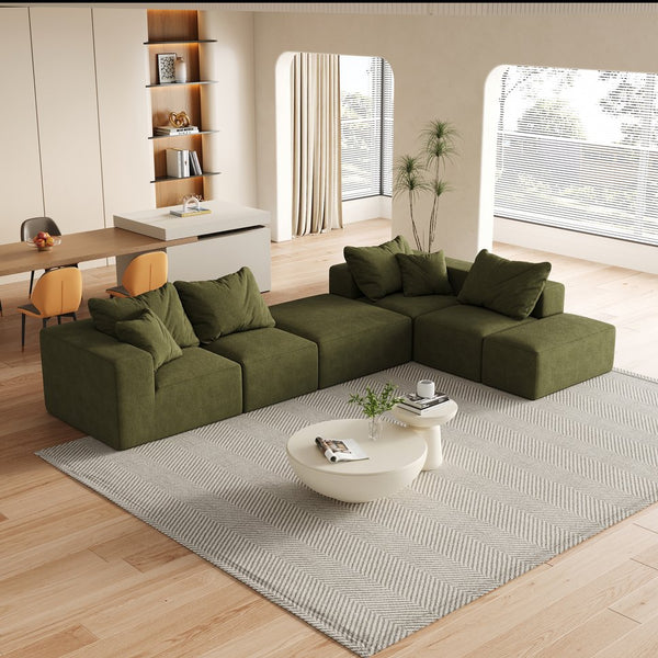 English Elm Modern Upholstered Sectional Sofa Set Modular 132" L-Shape Chenille Couch with 6 Pillows, No-Assembly Comfort and FlexibilityReadable? Green W834S00501