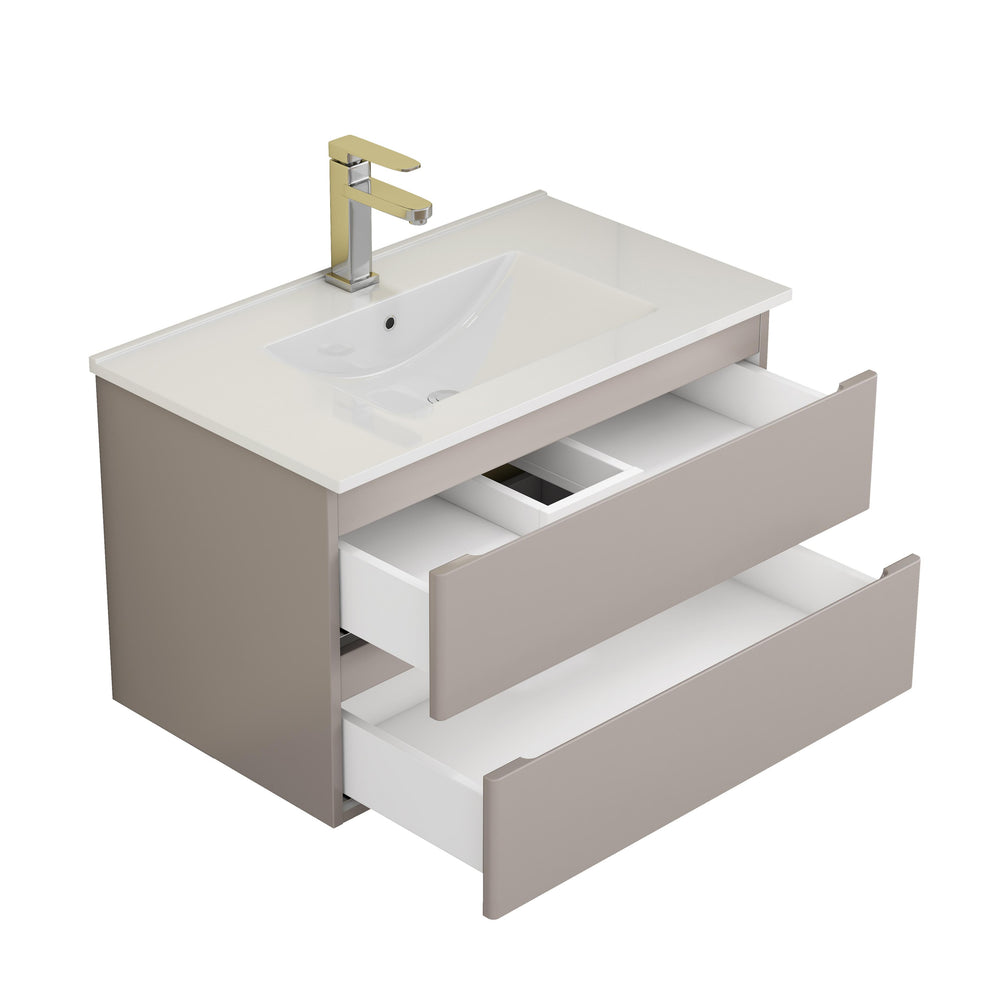 English Elm 32-Inch Wall-Mounted Bathroom Vanity With Soft-Close Drawers, Ceramic Sink & Modern Mocha Gray Finish W3151S00048