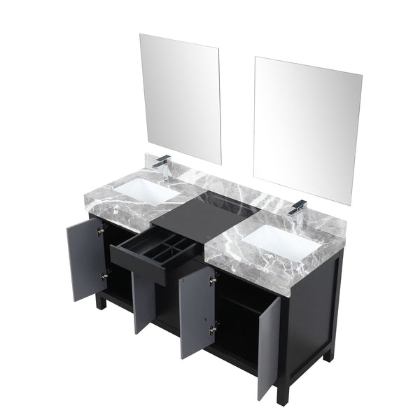 English Elm Black Double Bath Vanity 60" With Castle Grey Marble Top, Chrome Faucets & 28" Mirrors For Modern Spaces B2731S01156