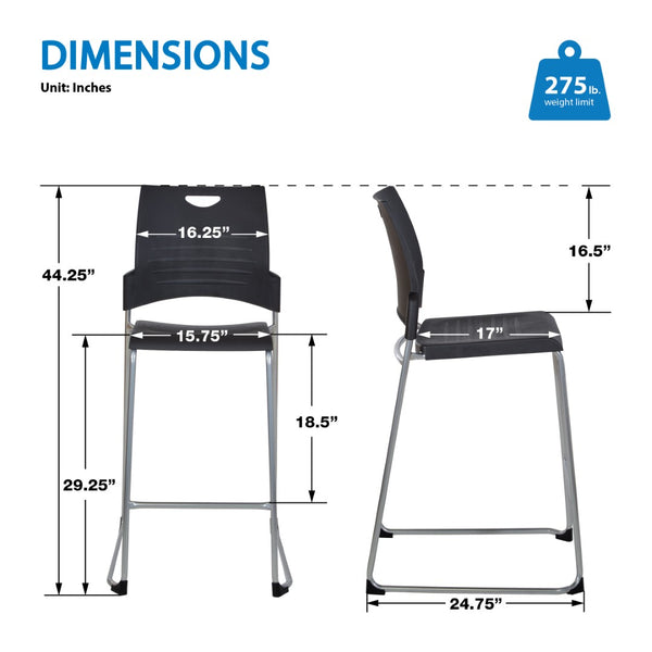 OSP Home Furnishings Tall Stackable Counter Stool with Steel Frame and Contoured Plastic Seat for Breakrooms Black DC8309C2-3