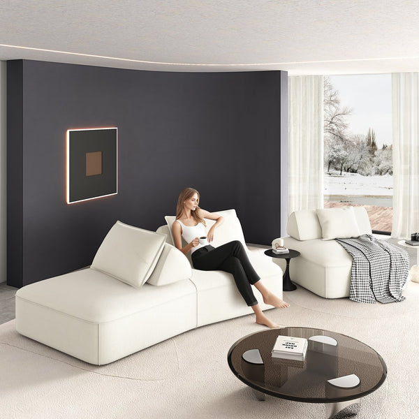 English Elm 139" Modern Oversized Modular Sectional Sofa Set - Fluffy Chenille Upholstery, Deep Seats, Removable Backrests, Plush Pillows, No Assembly Required Beige W3219S00001