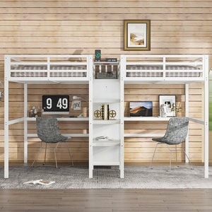 English Elm Twin Metal Loft Bed with Study Desk Wardrobe Shelving and Outlet for Kids Rooms W1580S00373