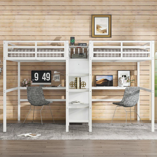 English Elm Twin Metal Loft Bed with Study Desk Wardrobe Shelving and Outlet for Kids Rooms W1580S00373